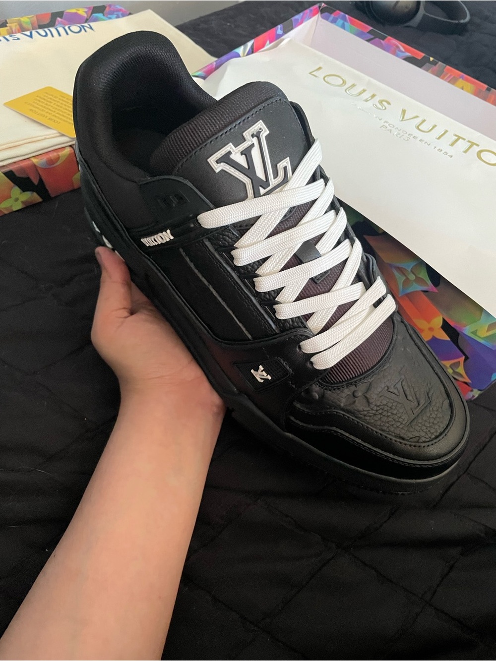 Louis Vuitton Black Low-Top Monogram Leather Sneakers with White Laces - Picture 2 of 6